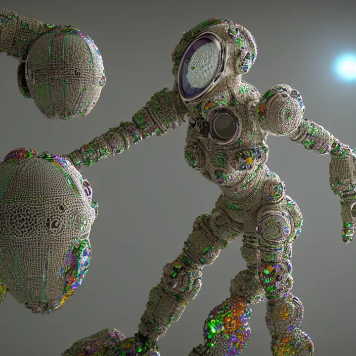 Image similar to a cybernetic symbiosis of a single astronaut mech-organic eva suit made of pearlescent wearing knitted shiny ceramic multi colored yarn thread infected with diamond 3d fractal lace iridescent bubble 3d skin dotted covered with orb stalks of insectoid compound eye camera lenses floats through the living room, film still from the movie directed by Denis Villeneuve with art direction by Salvador Dalí, wide lens,kevlar,carbon fiber,ceramics,gaseous materials,