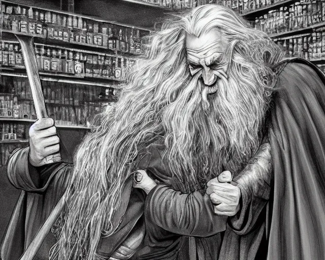 Prompt: Gandalf fighting Dumbeldore in grocery store, highly detailed, digital art, trending on artstation