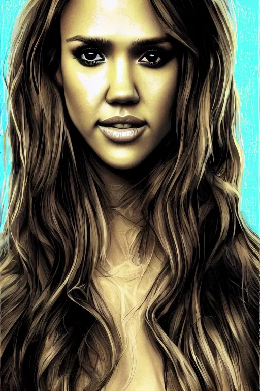 Prompt: a portrait of sexy jessica alba with long hair, drawn by robbie trevino, poster, digital art, comic art, concept art,, single head, no double head,