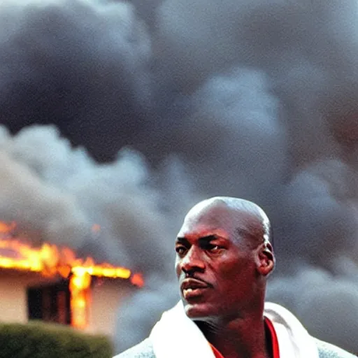 Prompt: a photo of a house burning down in the background and michael jordan with an eerie expression in the foreground, strong depth of field