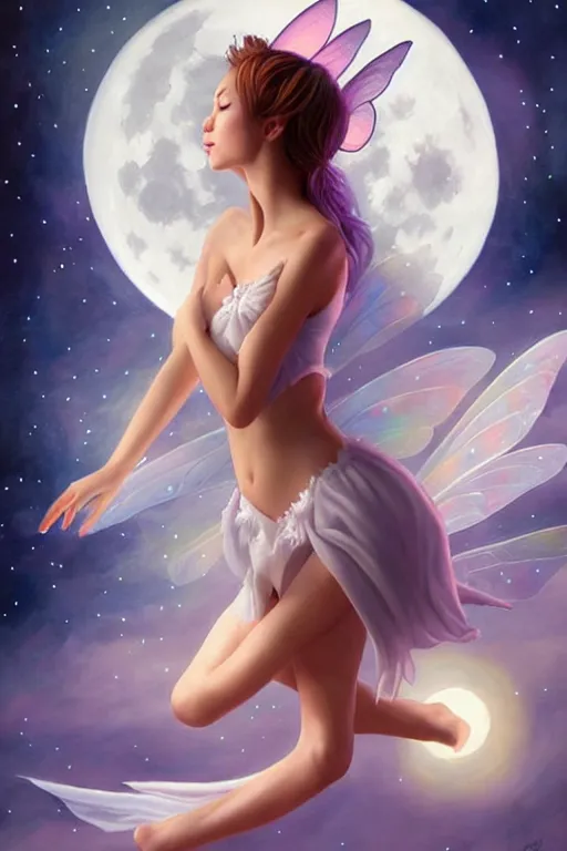 Image similar to attractive fairy magically floating high in the night, fantasy, full moon in background. highly detailed painting by artgerm, mid shot, 8 k