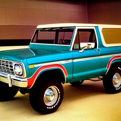 Prompt: 1979 Bronco Mercury Colony Park, inside of an auto dealership, ektachrome photograph, volumetric lighting, f8 aperture, cinematic Eastman 5384 film