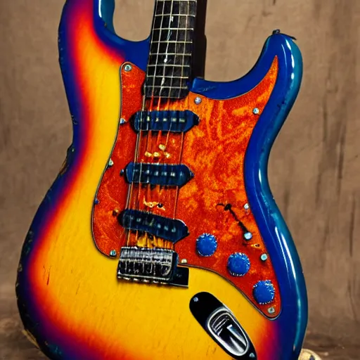 Prompt: sunburst relic stratocaster style guitar, blue, red, and yellow sunburst body, ssh, roasted relic maple neck, in a vintage studio on an old dusty sofa, ultra detailed, cinematic, 4 k