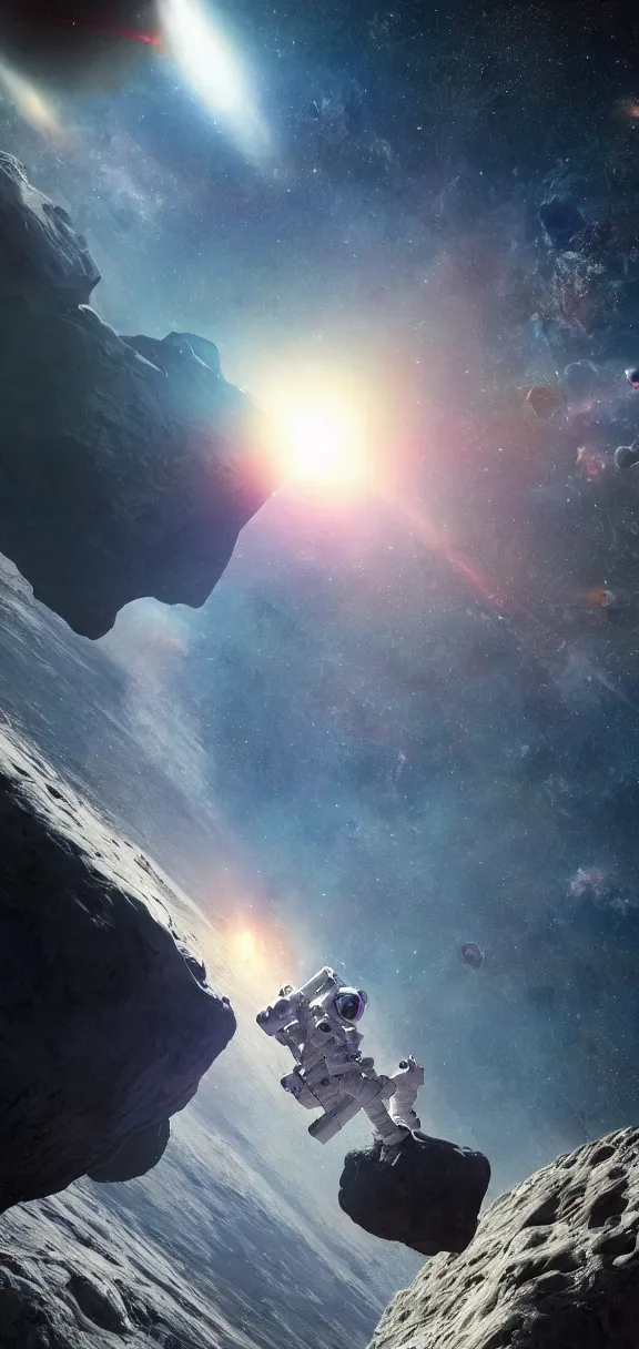 Image similar to photo of 8k ultra realistic astronaut riding an asteroid, nasa, clear sky, full of colour, cinematic lighting, battered, trending on artstation, 4k, hyperrealistic, focused, extreme details,unreal engine 5, cinematic, masterpiece, art by John Harris