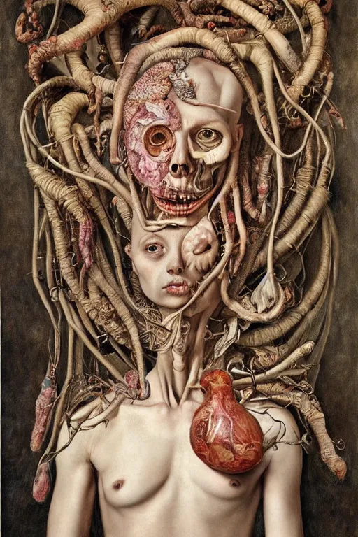 Image similar to Detailed maximalist portrait of a greek god with large lips and eyes, scared expression, botanical anatomy, skeletal with extra flesh, HD mixed media, 3D collage, highly detailed and intricate, surreal illustration in the style of Jenny Saville, dark art, baroque, centred in image