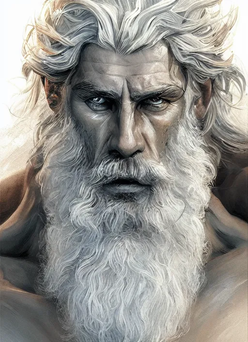 Image similar to painted portrait of rugged zeus, greek god, white hair, masculine, mature, handsome, upper body, muscular, hairy torso, fantasy, intricate, elegant, highly detailed, digital painting, artstation, concept art, smooth, sharp focus, illustration, art by gaston bussiere and craig mullins