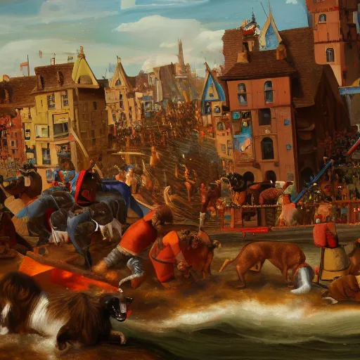 Prompt: a highly detailed oil painting of a giant dachshund smashing houses, renaissance, bystanders watching from the sides, 4 k, by ariduka 5 5, monokubo, artstation,