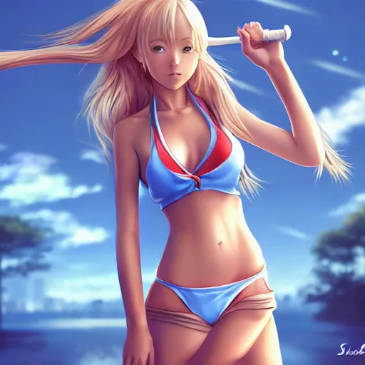 Image similar to a very beautiful young anime tennis girl, full body, long wavy blond hair, sky blue eyes, full round face,, bikini, miniskirt, front shot, highly detailed, cinematic wallpaper by stanley artgerm lau