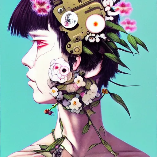 Image similar to prompt: Fragile portrait of singular persona covered with random flowers illustrated by Katsuhiro Otomo, inspired by Ghost in Shell and 1990 anime, smaller cable and cyborg parts as attributes, eyepatches, illustrative style, intricate oil painting detail, manga and anime 1990