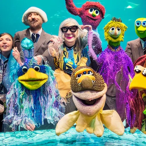 Image similar to a cast of aquatic puppets based on real fish and aiming to bring awareness to ocean pollution, in the style of muppets, in an aquarium, lighting from spongebob the musical on broadway, real, photograph, cinematic