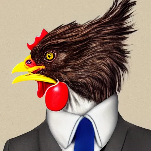 Prompt: a high detail shot of a chicken wearing a suit, realism, 8k