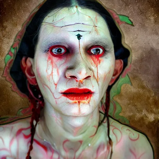 Image similar to realistic expired kodak film portrait of aghori tantrik albino india woman, tentacled creature mix, marigold celestial vibe, hyperrealism, hypermaxiymalism, photorealistic, detailed, atmospheric, 8 k, award winning photography, cinematic