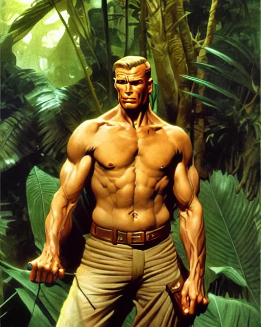 Prompt: doc savage in the jungle, fantasy character portrait, ultra realistic, concept art, intricate details, highly detailed by james bama, william adolphe bouguereau and frank frazetta