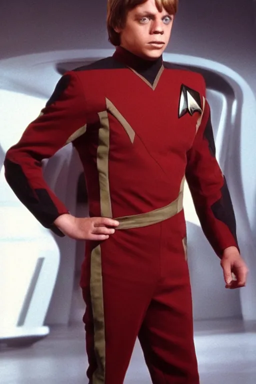 Prompt: photorealistic!! young adult mark hamill as a star trek captain, red starfleet uniform, film quality