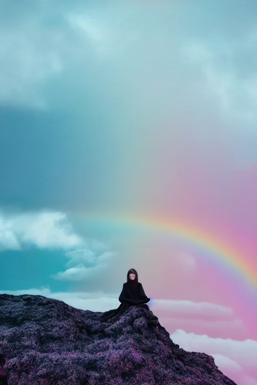 Prompt: high quality pastel coloured film photograph of a model wearing clothing resting on cloud furniture in a icelandic black rock environment in a partially haze filled dreamstate world. three point light, rainbow. photographic production. art directed. pastel colours. volumetric clouds. pastel gradient overlay. waves glitch artefacts. 8 k. filmic.
