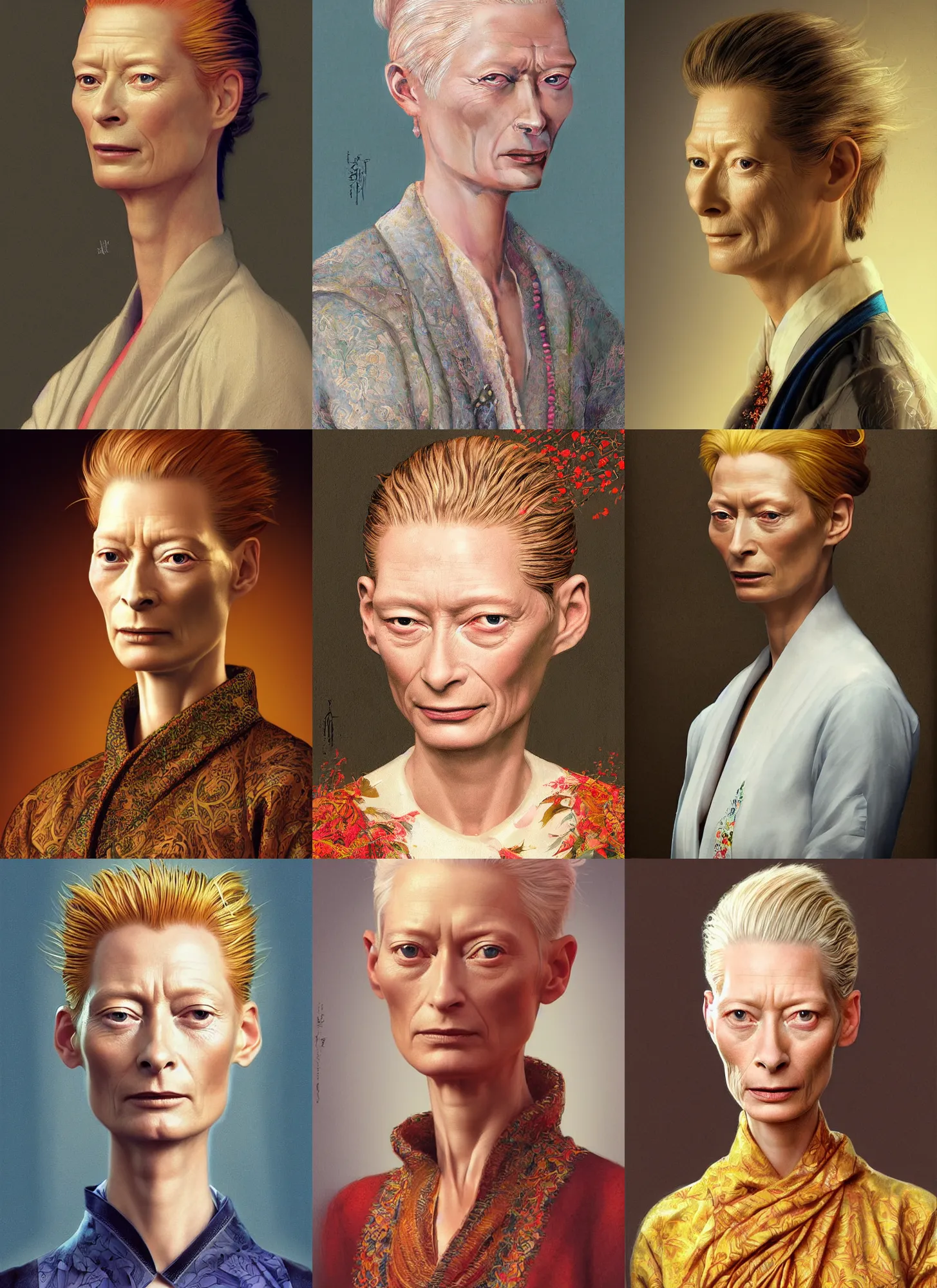 Prompt: formal portrait of beautiful tilda swinton as mr miyagi from the karate kid. digital art by eugene de blaas, ross tran, and nasreddine dinet, vibrant color scheme, intricately detailed, in the style of romanticism, cinematic, artstation, greg rutkowski