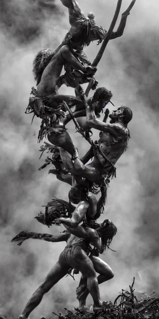 Prompt: editorial photo of brutal battle in burning jungle, african and Amazonian climbing onto another and fight, epic, vintage, blood, slight inspiration of Boris vallejo and apocalypto, war photography