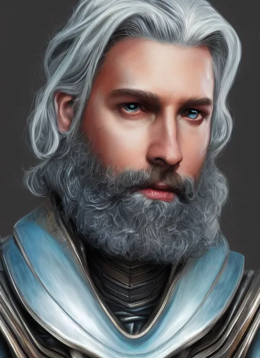 Image similar to an epic fantastic realism comic book style portrait painting of an aasimar paladin, male, shaggy silver hair, short brown beard, d & d concept art, unreal 5, daz, teal aesthetic, octane render, cosplay, rpg portrait, dynamic lighting