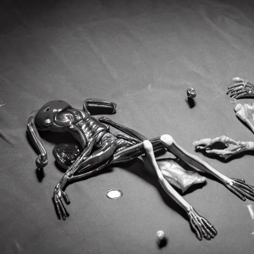 Prompt: black and white alien body autopsy on a metal table, highly detailed, sharp focus, low lights, ultra realistic