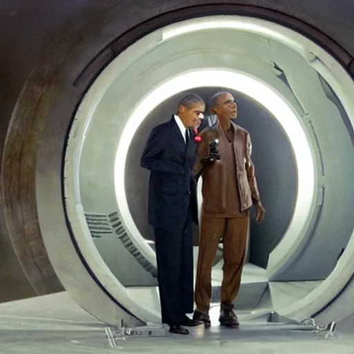 Image similar to barrack obama going through a stargate in the sg - 1 base, holding a goauld in his right hand