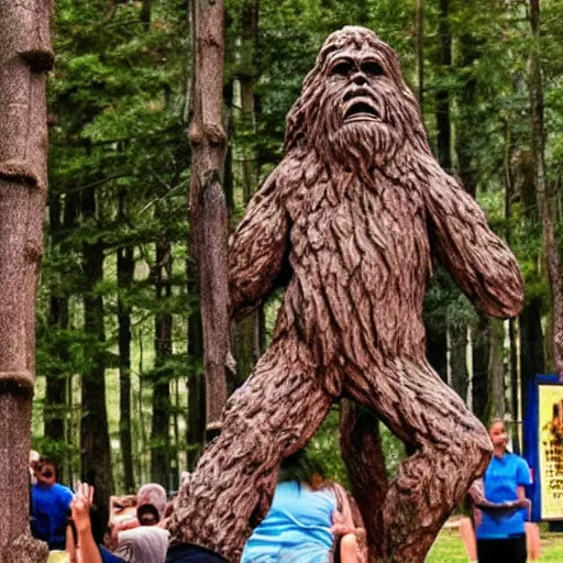 Image similar to occult worshippers worshipping a bigfoot statue