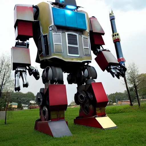 Image similar to giant oversized battle robot mech as giant baby on a village