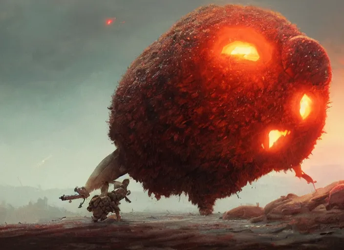 Image similar to close up cinematic artwork of meatwad staring down the enemy on the battlefield by Greg Rutkowski, 4k, masterpiece