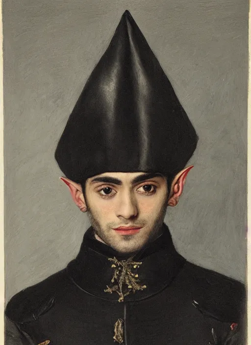 Image similar to portrait of zayn malik as an elf by henriette ronner - knip, only one head single portrait, pointy ears, wearing a black leather napoleonic military jacket