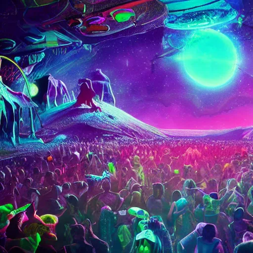 Prompt: a cosmic rave party in the end of the world, high detail beautiful matte painting, ultrarealistic, octane render, cosmic psychedelic art