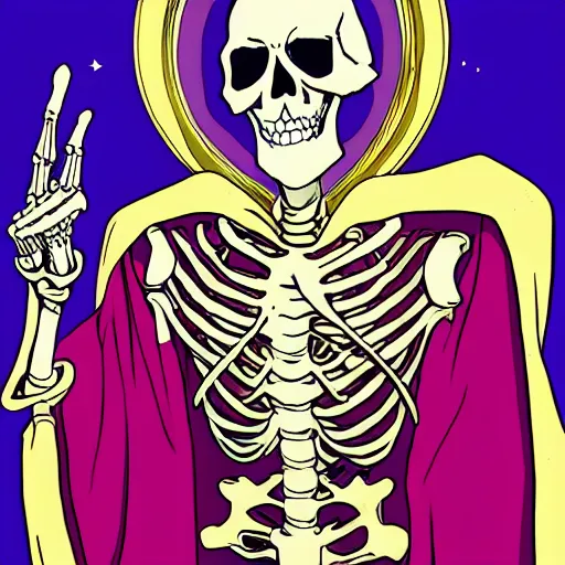 Image similar to a skeleton in a purple robe, golden magical shoulder pads, in a hood, a red magic sphere in the chest, he stands next to the golden throne, manga, anime overlord, hand drawn, proportions, 2d