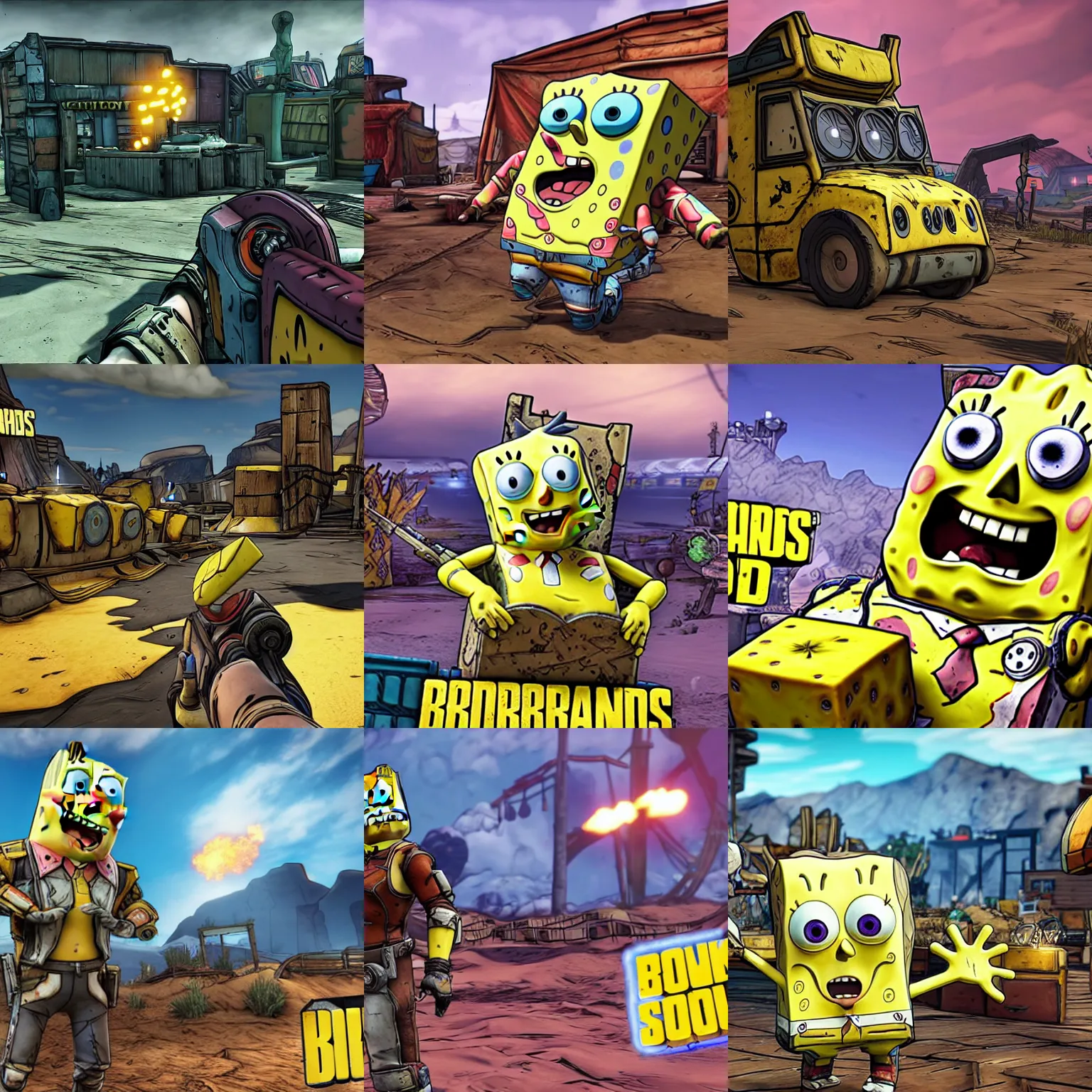 Prompt: borderlands screenshot of spongebob dlc