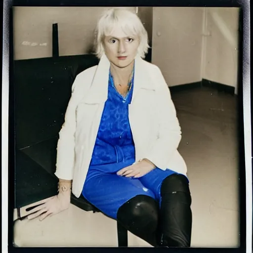 Image similar to Platinum-blonde-haired hime-cut blue-eyed French empress wearing white leggings, black jacket, boots, sitting in public housing apartment, Polaroid photo