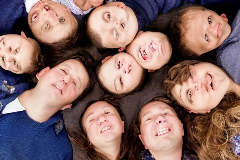 Image similar to A beautiful family portrait, but everyone's head is upside down or on backwards, photography, 85mm, photorealistic