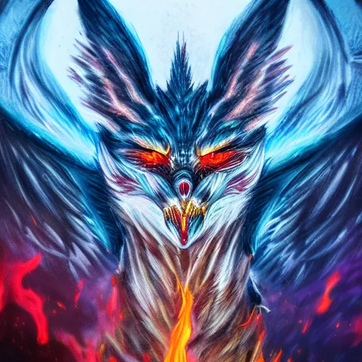 Image similar to A wide shot of griffin in the sky, colorful eyes, glowing eyes, fire, frost, angry, demonic, detailed, fine lines, realism, hyper-realistic, 8k, hd,