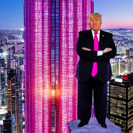 Prompt: donald trump wearing a pink puffy jacket standing on a skyscraper at night, very detailed, very intricate, dslr,