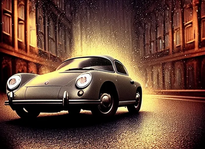 Image similar to beautiful extreme photo in style of frontiers rendered in octane 3d , stunning, coherent, beautiful painting, still of a Mysterious figure swings a heavy sledgehammer at a silver Porsche 550 with its headlights on, parked on the side of the road in the city of Cologne in the rain, by George Tooker, moody, ominous, lighting, hyper-realistic, , Edward Hopper and James Gilleard, Zdzislaw Beksinski, Steven Outram, highly detailedrich deep colors. rich deep colors. Beksinski painting, art by Takato Yamamoto , Wayne Barlowe. masterpiece. rendered in blender, ultra realistic, smooth shading, ultra detailed, high resolution, cinematic, unreal 6