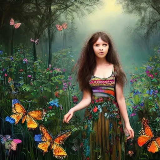 Prompt: a beautiful young girl posing for a photograph in the backdrop of a dense beautiful forest, flowers and little plants are growing out of her body, and the girl is surrounded by butterflies, gloomy atmosphere, an award winning oil painting