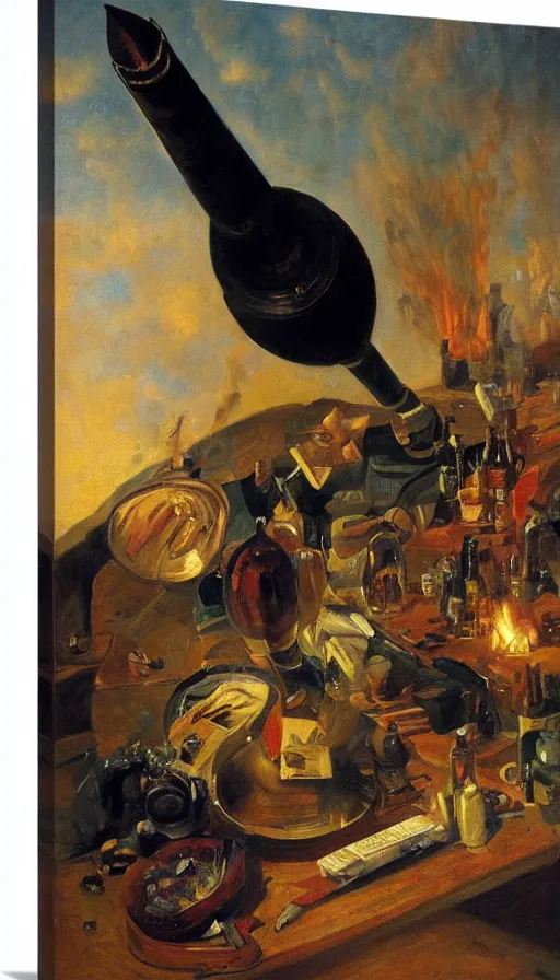 Image similar to still life painting of party hit by nuclear missile, by Peder Krøyer, golden hour, dramatic lighting, epic, gargantuan, intricate detail, canvas print