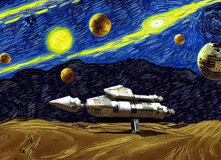 Prompt: a single cargo spaceship taking off seen from the surface of a small town on a desert planet, star wars, digital art, trending on art station, in the art style of vincent van gogh starry night