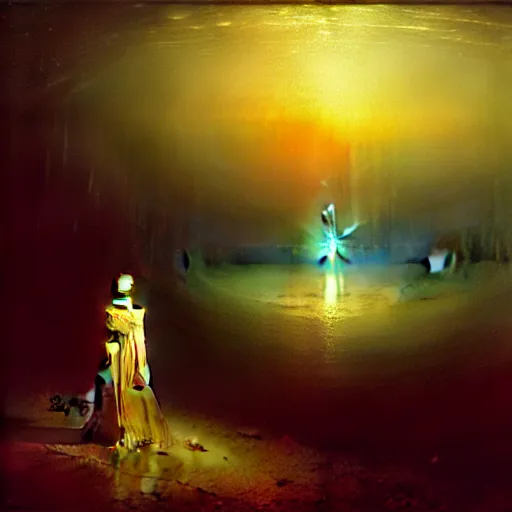 Image similar to a young woman lucid dreaming in cyberspace photoreal, atmospheric, by william turner, beksinski, caspar david friedrich, oil painting, romantism, realism, limited palette