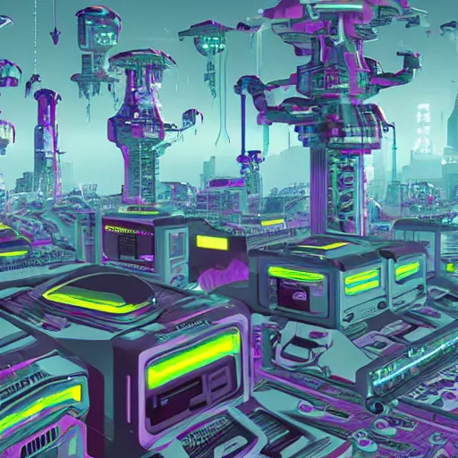 Image similar to a dream of a surreal landscape full of cyber punk computers battling megabytes