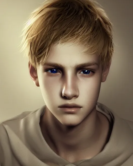 Image similar to portrait a 1 5 - year - old boy, with slender, white - blond hair, cold grey eyes, a pale complexion with sharp and pointed features close up, dramatic lighting, octane render, digital art