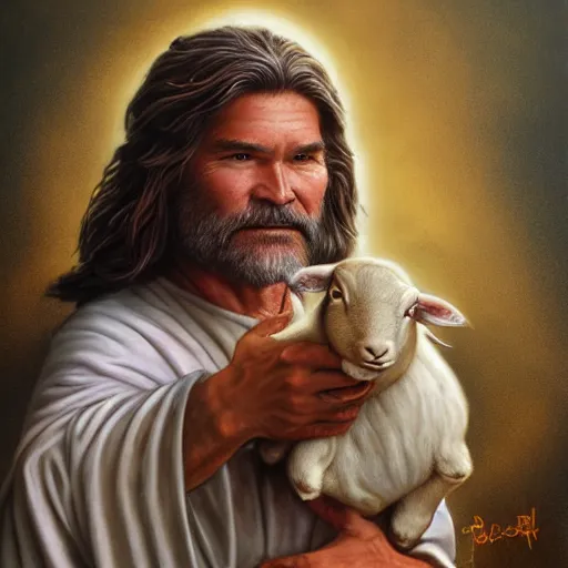 Prompt: a detailed fantasy character painting of Kurt Russell holding a lamb, dressed like Jesus Christ, by lauri blank, artgerm, evelyn de morgan, 8K, 50mm lens