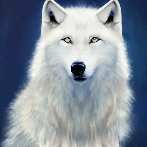 Prompt: A portrait of a white wolf wearing a crown, blue eyes, oil painting, award winning masterpiece, artstation