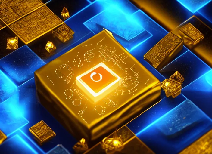 Prompt: square magic golden computer chip with runes and a glowing blue crystal in the center, mana flowing around it, product photo, hyperrealism, octane render, trending on artstation, unreal engine 5, 4 k, 8 k