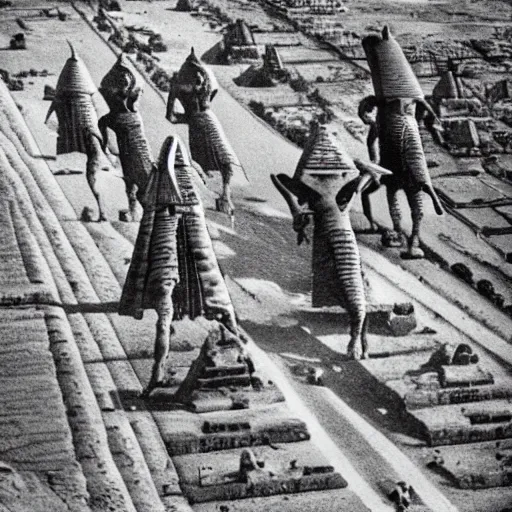 Prompt: detailed photo of the aliens delivering the pyramids to ancient egypt