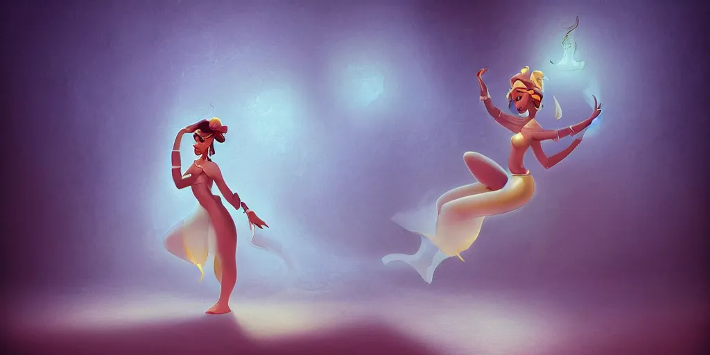 Image similar to beautiful genie girl, dancing in the palace room, beautiful elegant body, accurate body proportions, mysterious ambient lighting, digital art, fantasy vibes, style of disney