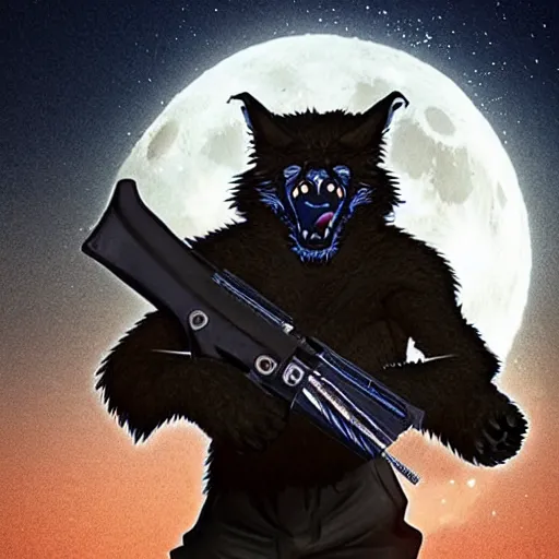 Image similar to a fearsome werewolf holding an ak - 4 7 in one hand and a elecric guitar in the other a full moon shies behind him, darkcinematic scene, super detailed, hyper realistic