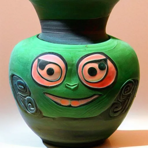 Prompt: vase work, Ancient vase art of mike wazowski in art style of chinese art, fragmented clay firing chinese vase with an mike wazowski in the style of ancient chinese art, ancient chinese art!!!!! chinese art