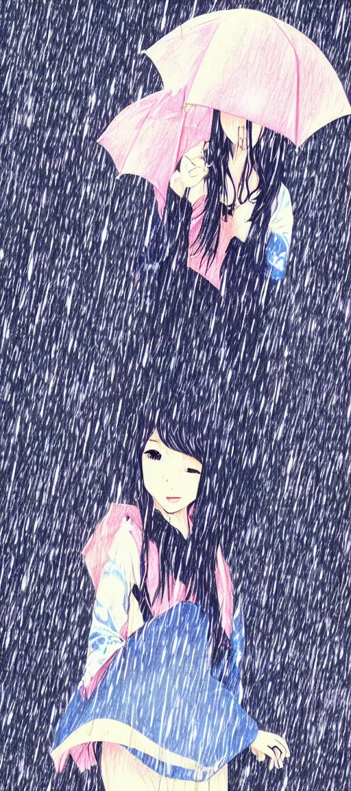 Image similar to beautiful drawing style, girl holding umbrella, contrast, visible rain, vaporware cartoon japan background, kawaii rainy gloomy, rainy night